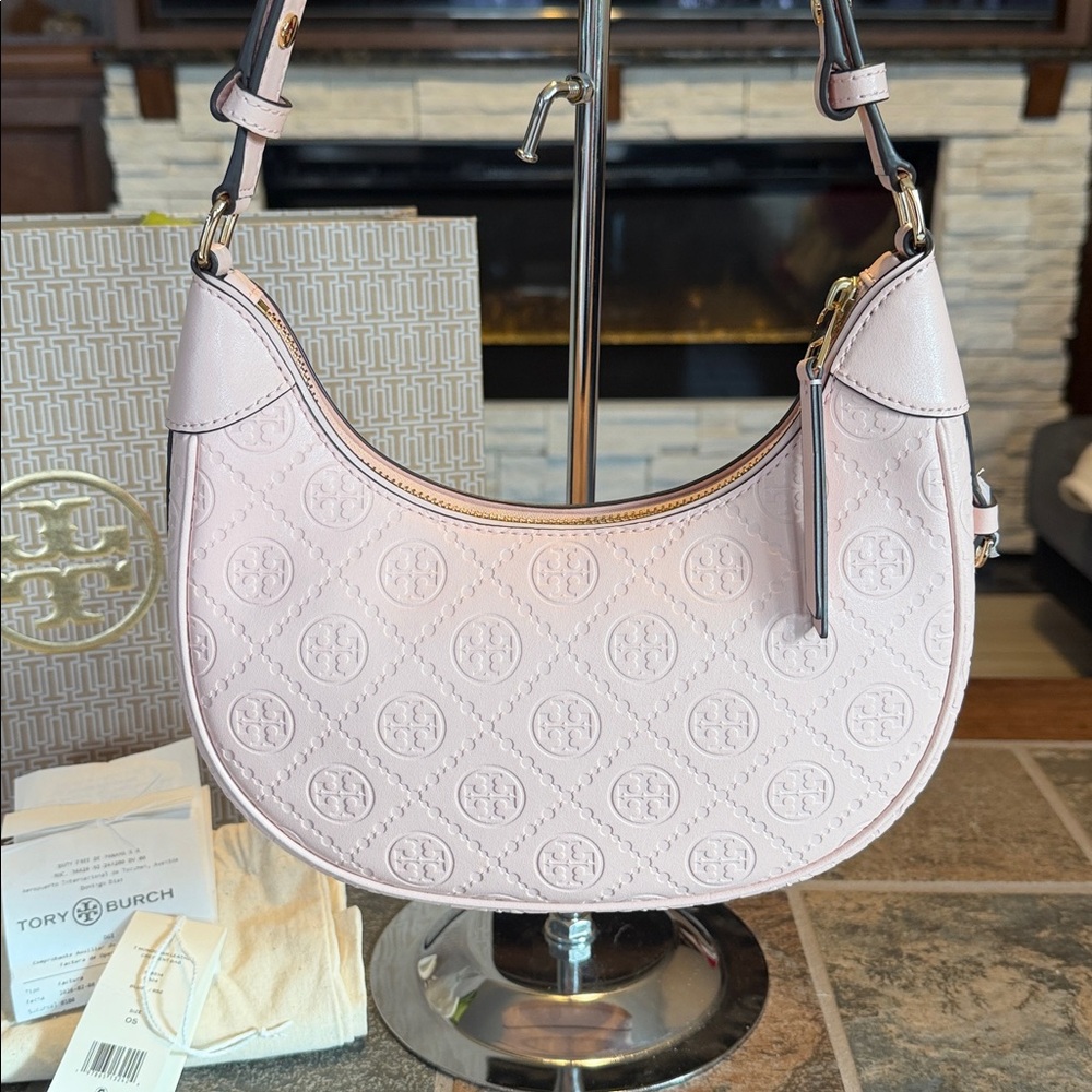 Tory Burch T Monogram Leather Crescent Bag - Blush